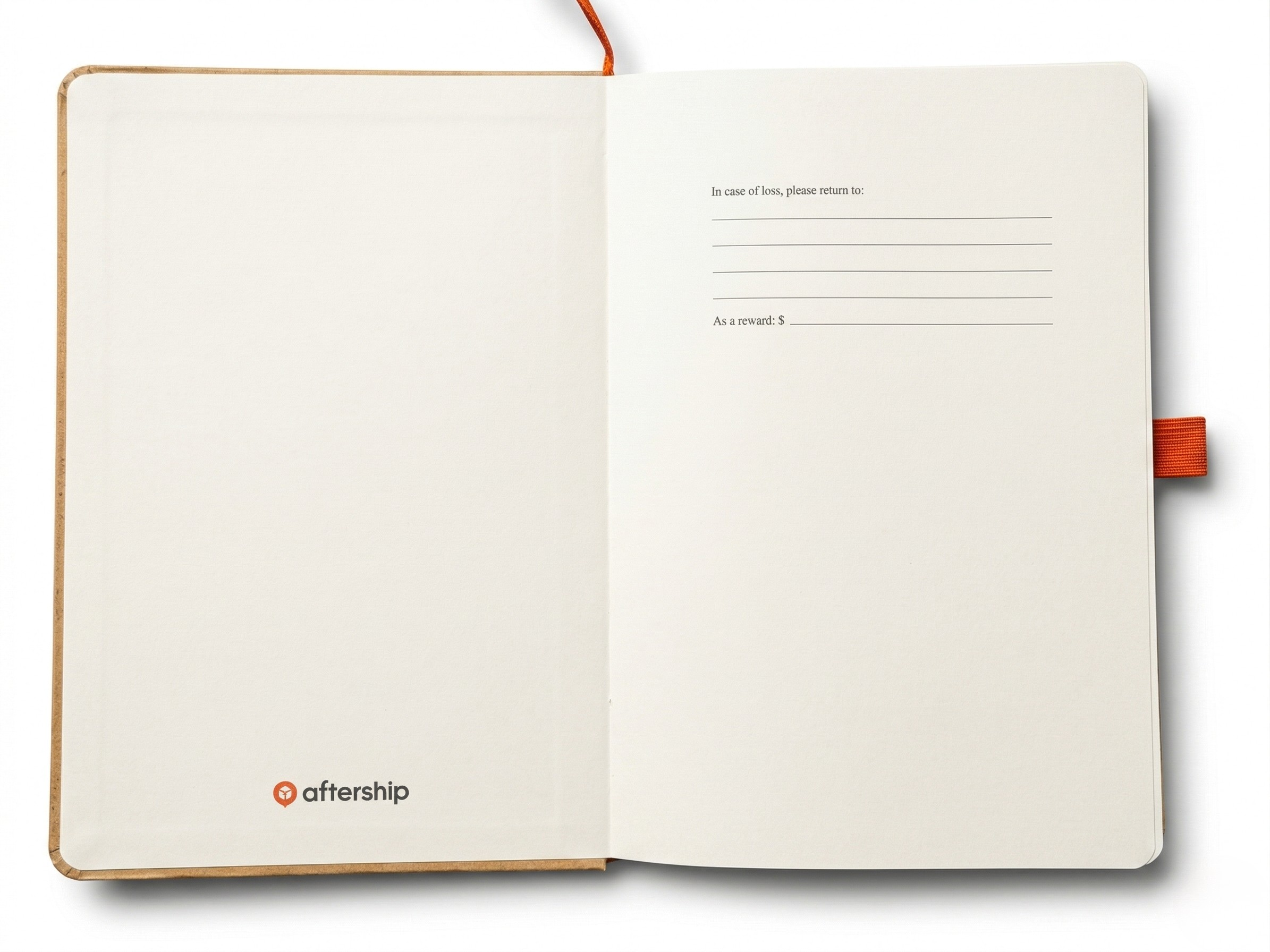 Open notebook with a visible brand logo on a white background