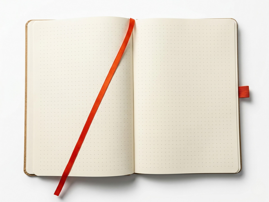 Open notebook with a red strap on a white background